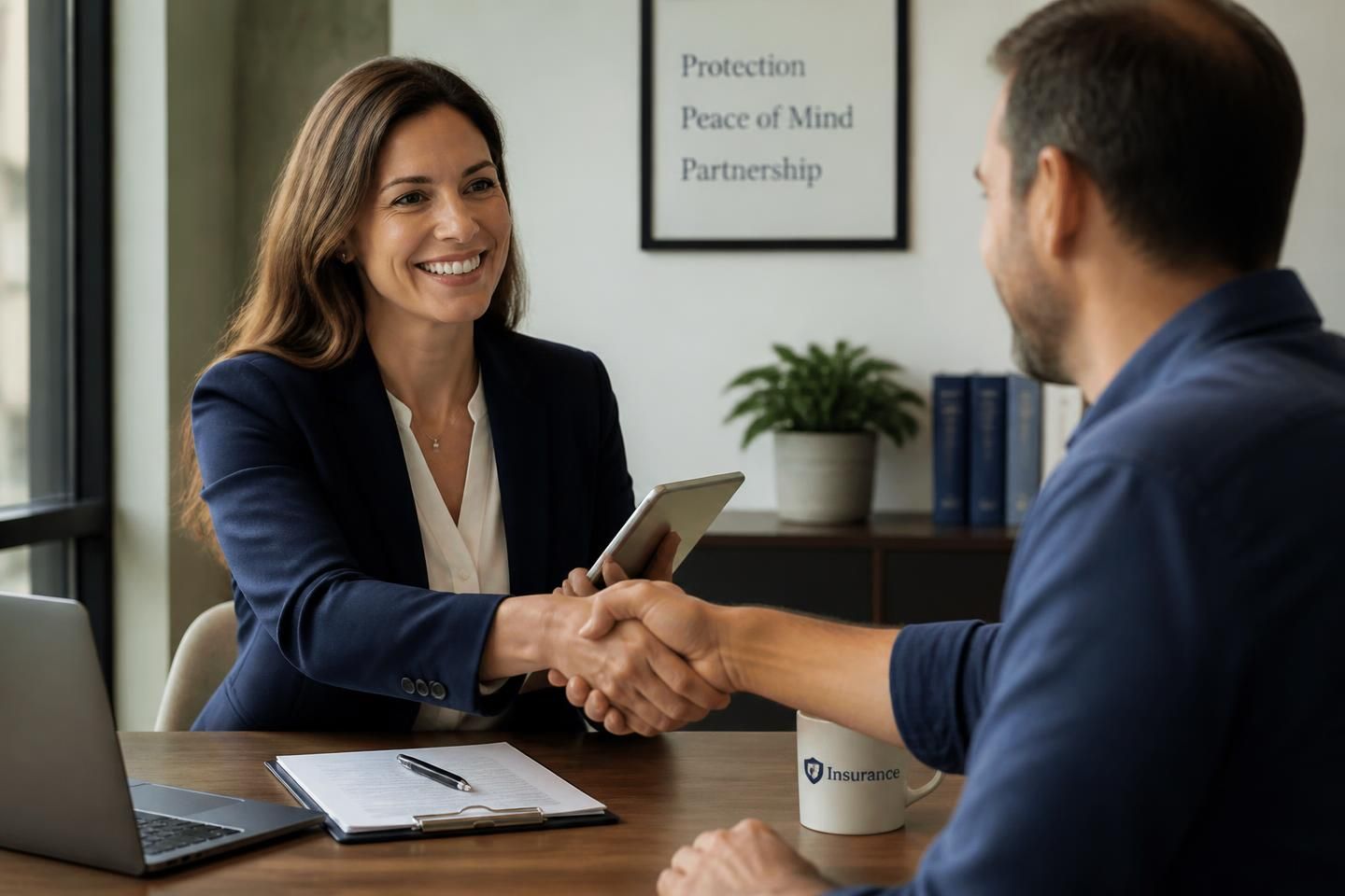 Insurance advisor shaking hands with a business owner after building a trusted benefits partnership