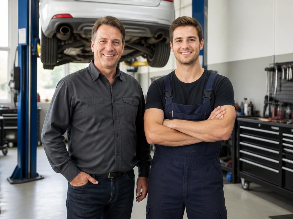 Automotive repair shop owner and mechanic in their garage