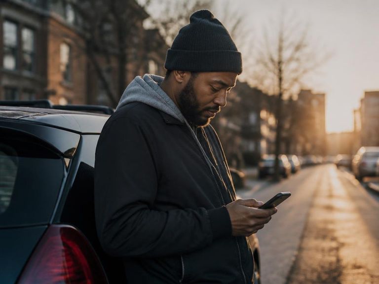 Independent gig worker checking a phone beside their vehicle at sunrise
