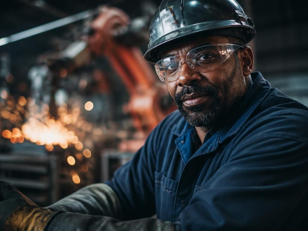 Manufacturing worker in safety gear on a production floor