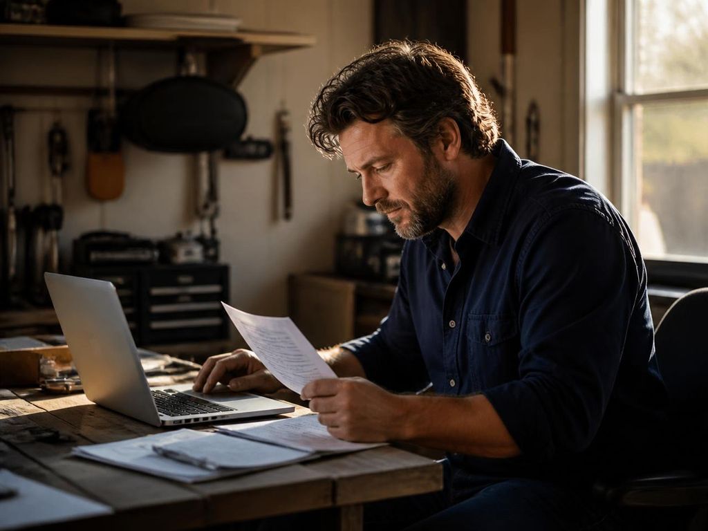 Self-employed contractor reviewing paperwork at a laptop in a garage workspace