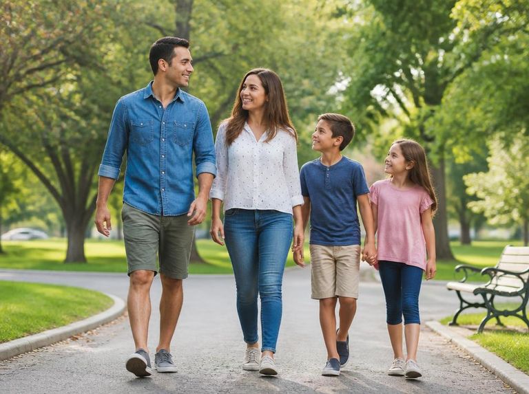 Family enjoying a walk together in a neighborhood park