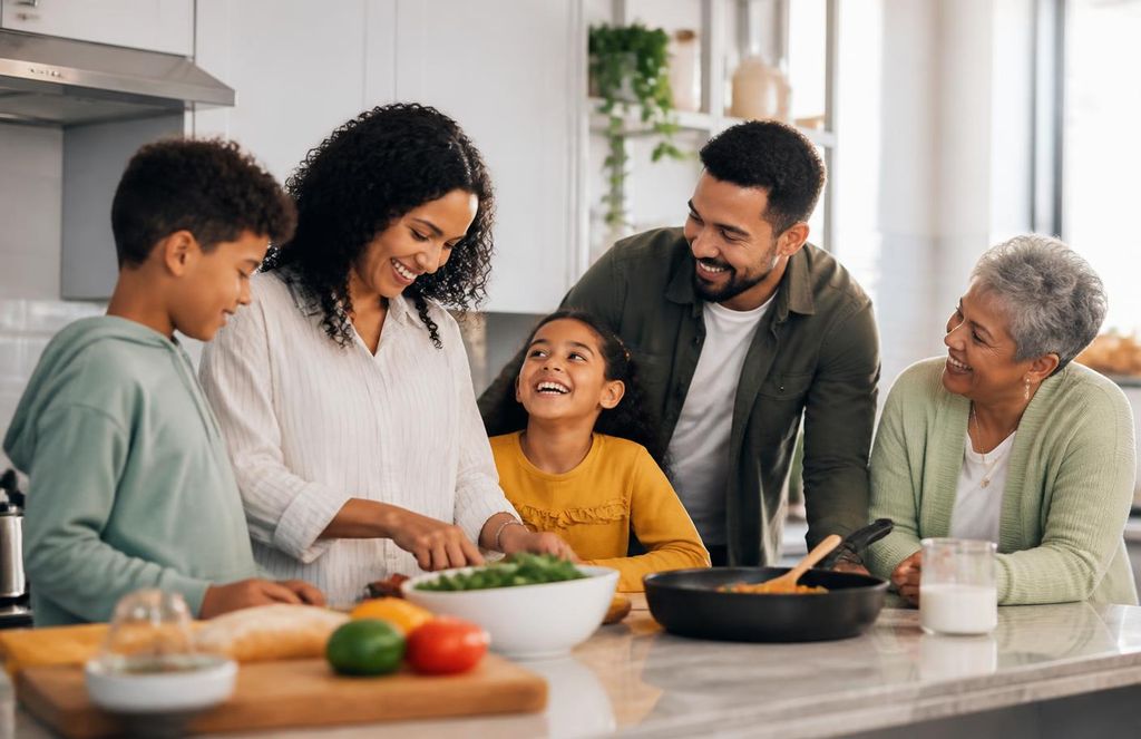 Happy multigenerational family preparing a meal together at home