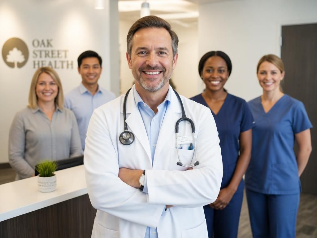 Doctor standing in a medical practice with clinic staff behind him