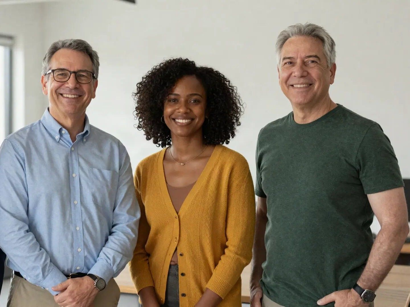 Friendly team of nonprofit professionals standing together in their office