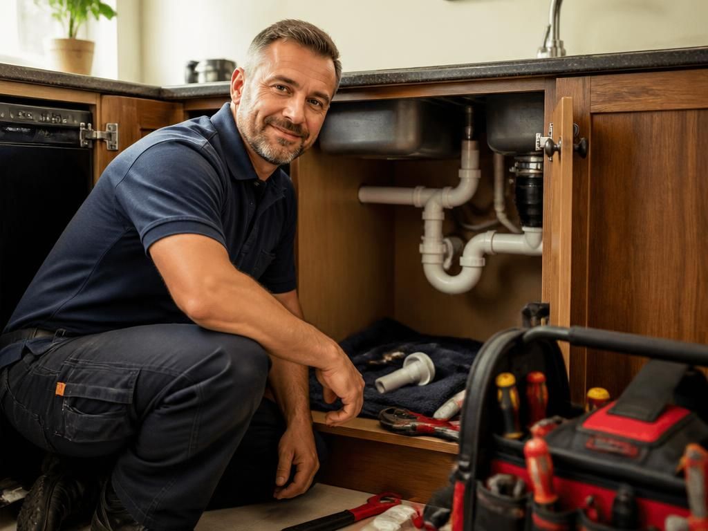 Self-employed plumber working under a kitchen sink with his tools