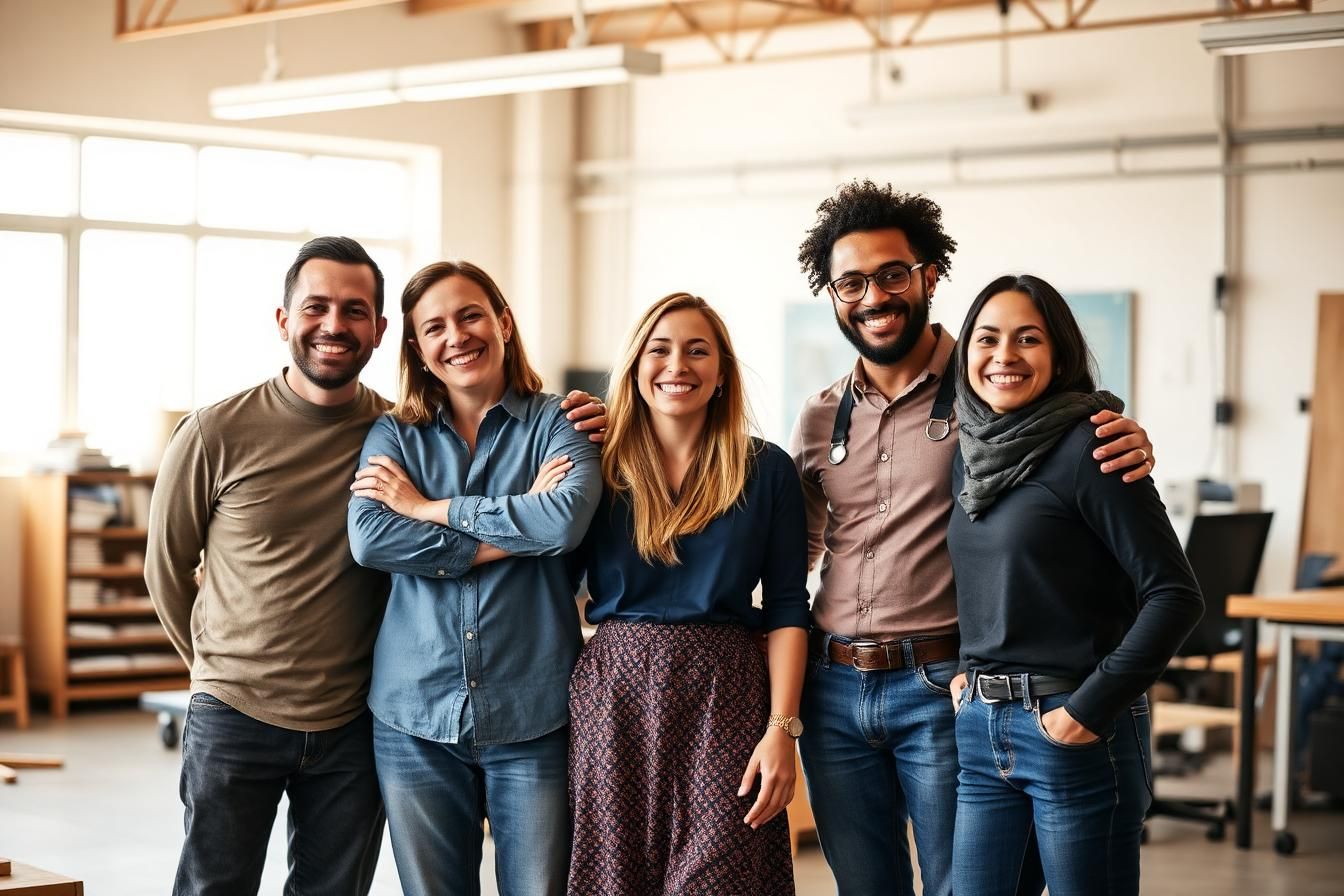 Small business team of four standing together in their workspace